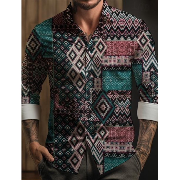 Camisa de estilo étnico tribal azteca vintage con estampado 3D estilo bohemio para hombre, camisa de manga larga con cuello vuelto para otoño, camisa de tela elástica en 4 direcciones