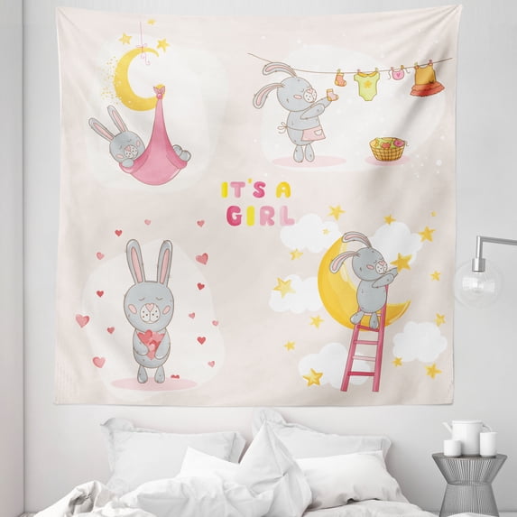 Feminine Tapestry, Bunny Rabbit Sleeping Doing Laundry Picking Stars Love Cartoon Art Design, Fabric Wall Hanging Decor for Bedroom Living Room Dorm, 5 Sizes, Yellow Beige, by Ambesonne