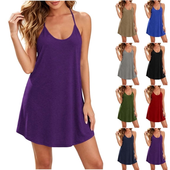 Tqcoqu Womens Summer Mini Dresses,Spaghetti Strap Dress Casual Backless Lounge Dress,Solid Beach Vacation Sundress,Army Green Women's S-XXL