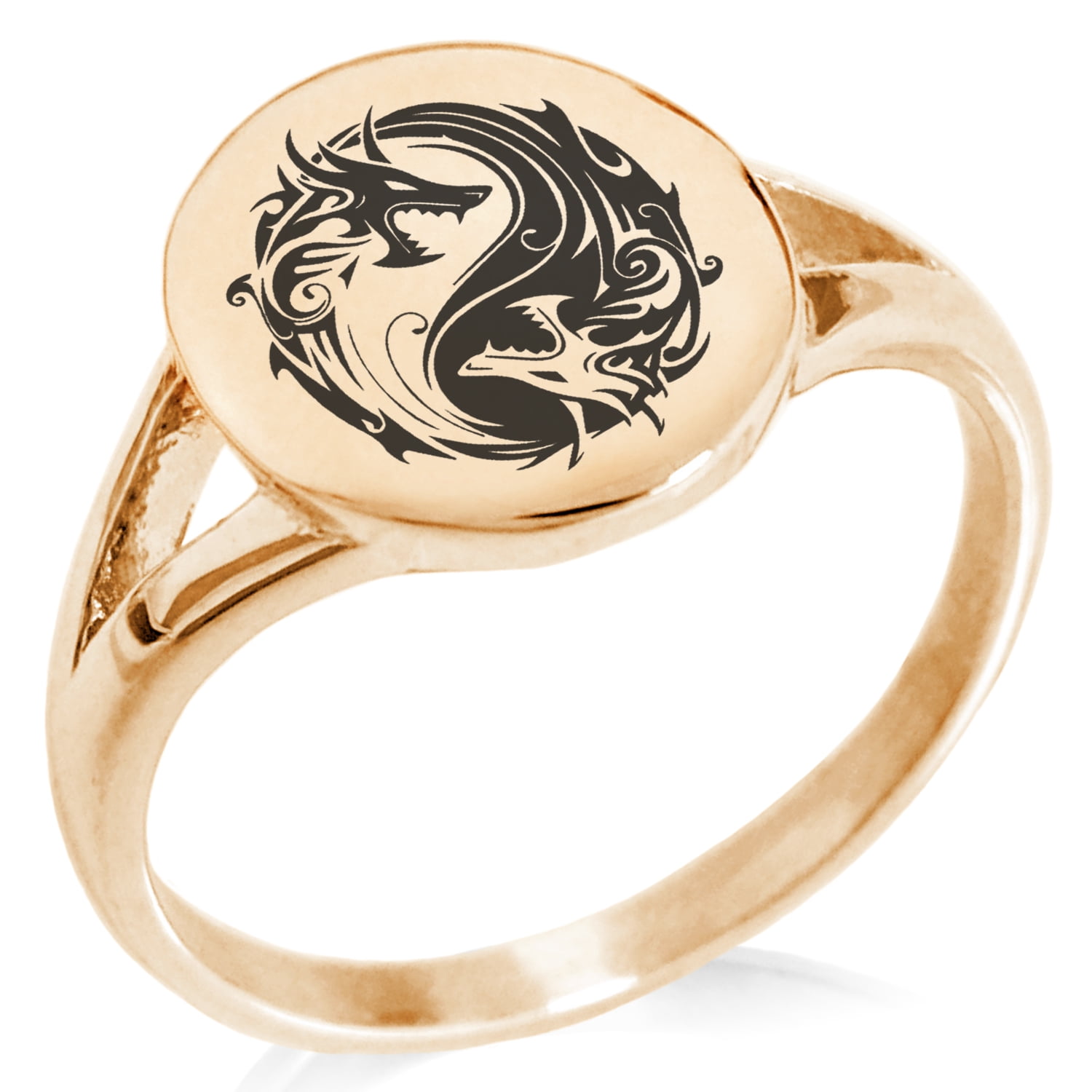 Stainless Steel Tribal Dragon Yin Yang Minimalist Oval Top Polished ...