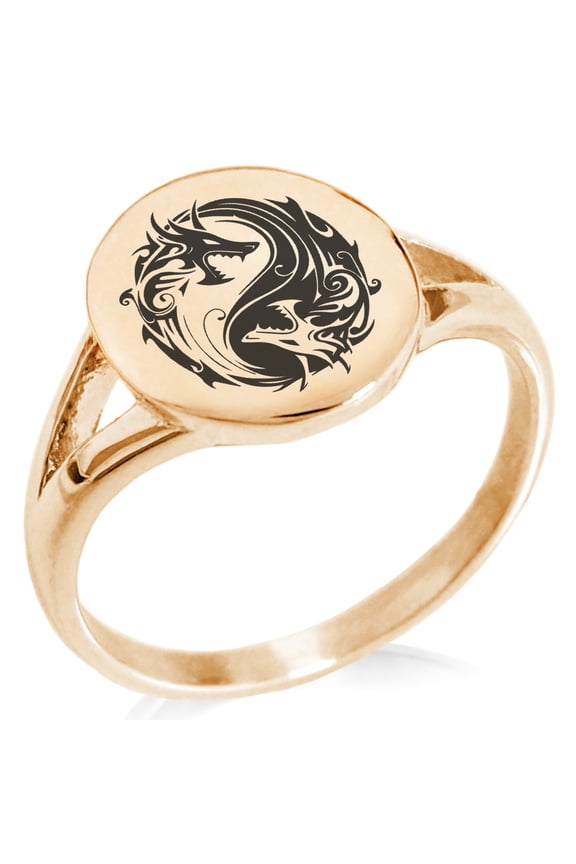 Stainless Steel Tribal Dragon Yin Yang Minimalist Oval Top Polished Statement Signet Ring