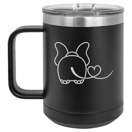 15 oz Tumbler Coffee Mug Travel Cup With Handle & Lid Vacuum Insulated Stainless Steel Elephant In Love (Black)