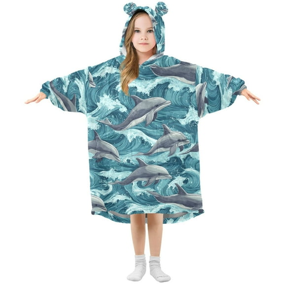 joogoo Wearable Blanket Hoodie for Cartoon Dolphins-z1 Oversized Sherpa Hooded 3-14 YR M