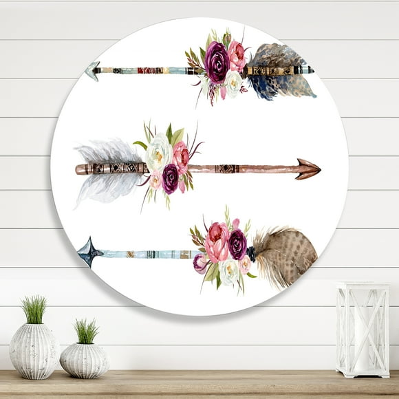 Designart - Ethnic Feathers and Flowers On Native Arrows III - Bohemian & Eclectic Metal Circle Wall Art