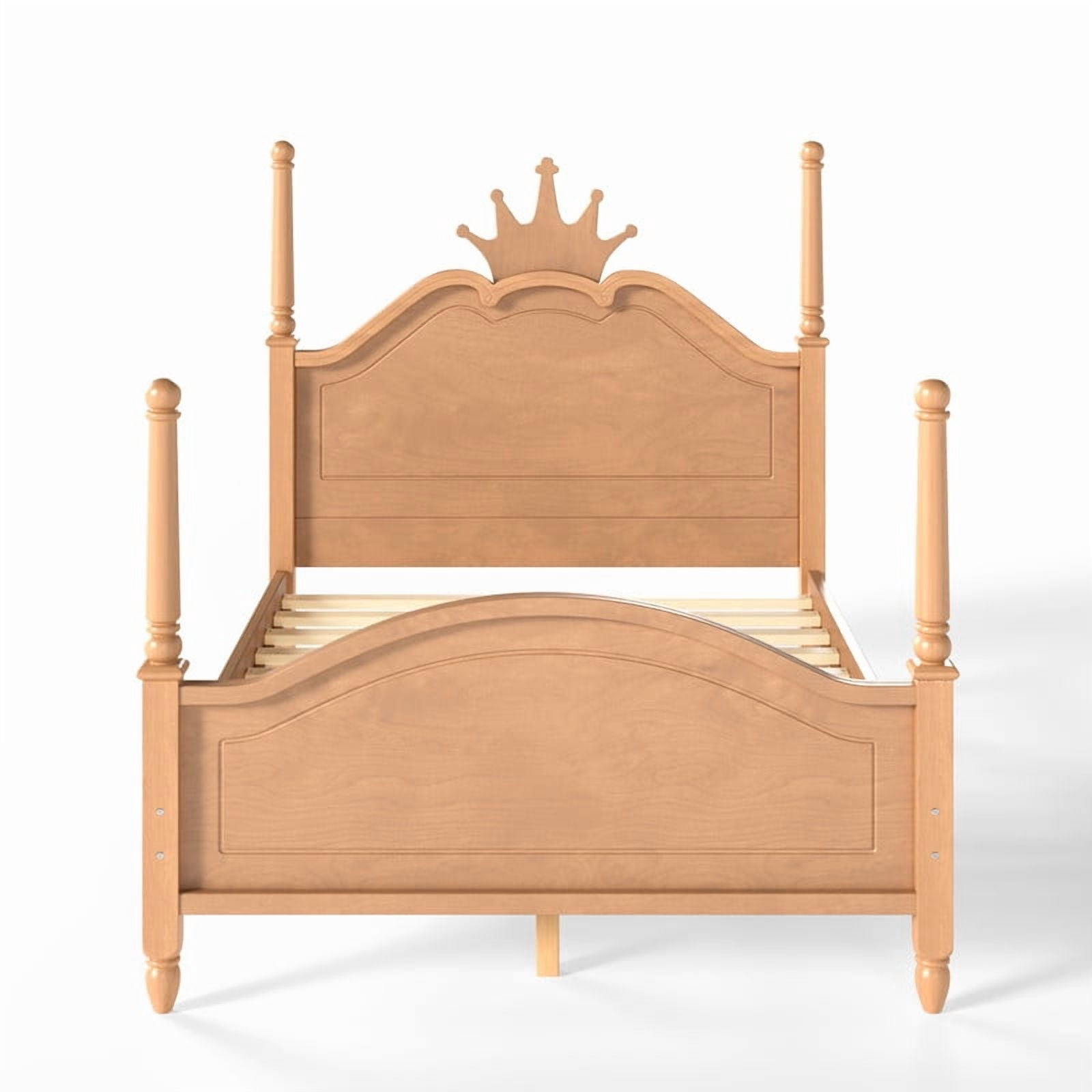 Full Size Kids Low Profile Platform Bed, Curved Footboard Four Poster Bed, Wooden Princess Bed Frame with Crown Shaped Headboard