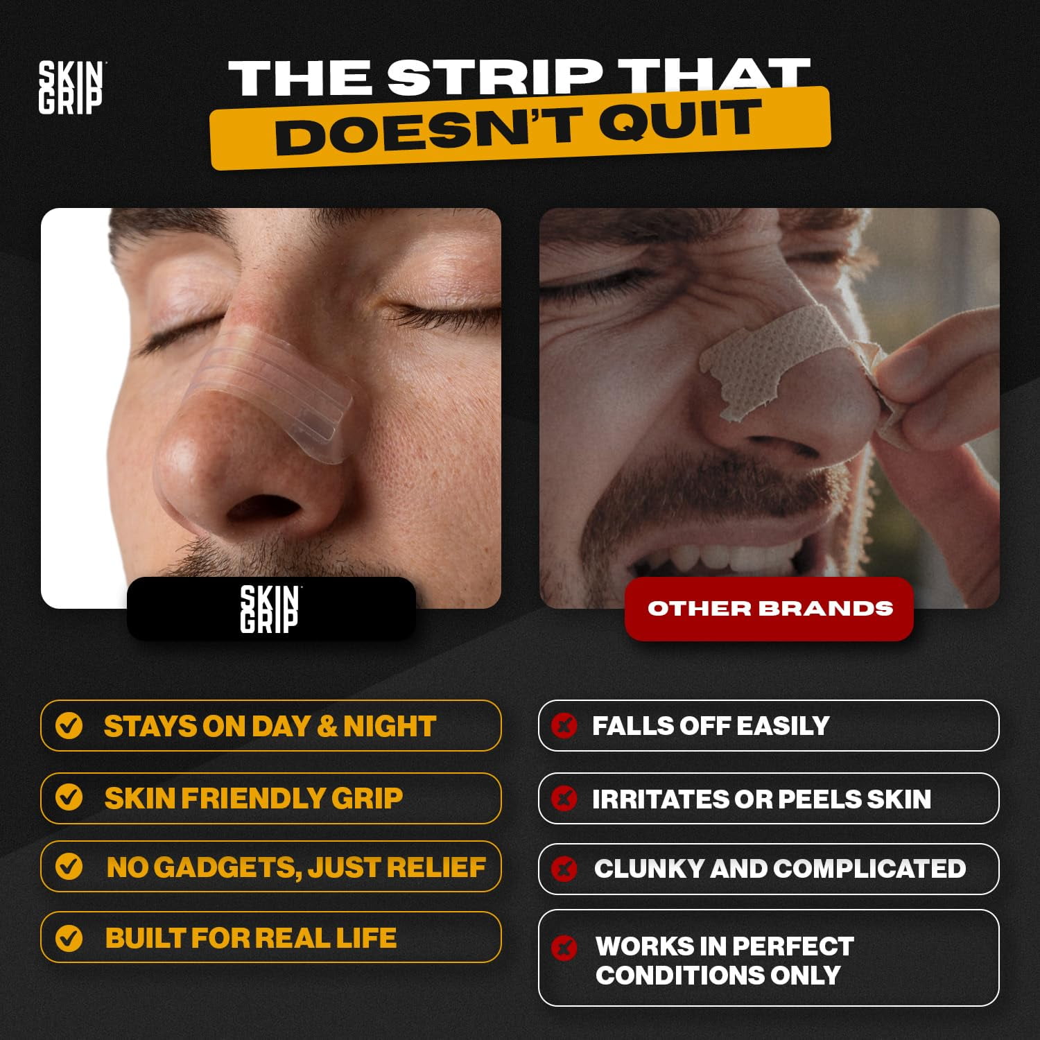 Skin Grip Nasal Strips for Snoring & Breathing –Instant Relief from Nasal Congestion, Drug-Free Snore Strips, All-Day Hold – Sleep Better, Exercise Stronger, Travel Confidently – 90-Day Supply, Clear