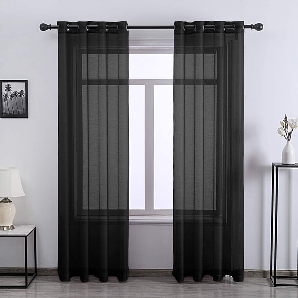 DONREN Sheer Curtain Panels 72 Inches Long Ring Top Window Treatment Textured Voile Drapes for Living Room Jet Black Set of 2