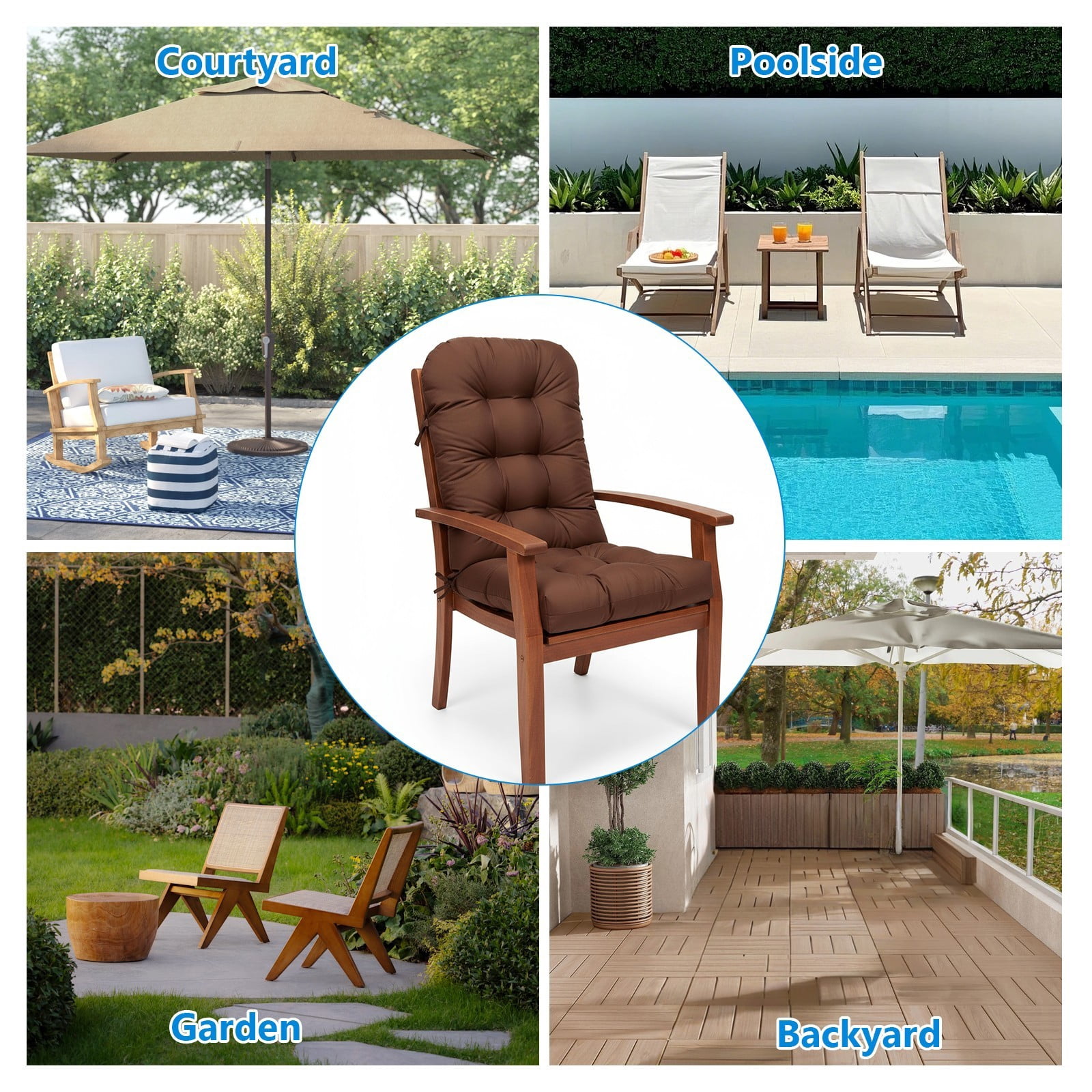 TOPCHANCES Outdoor Adirondack Chair Cushion with Ties, Water-Resistant Oxford Fabric High Back Rocking Chair Cushions (Brown)