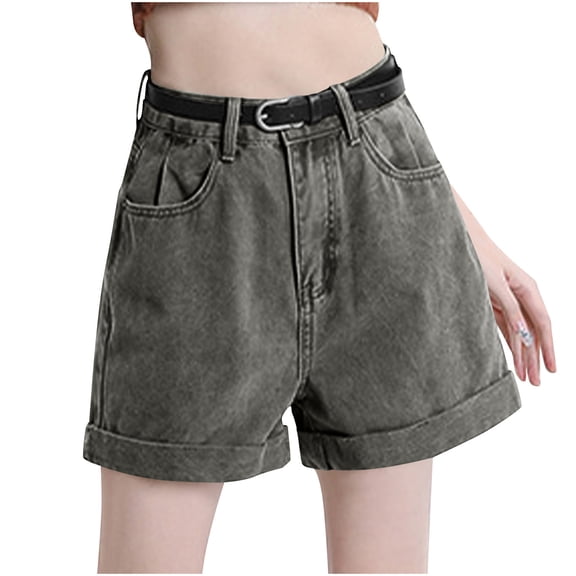 Ashyfjp Womens Shorts Casual Solid-Color High-Waisted Denim Short Pants with Pocket Fashion and Versatile Shorts for Women, Army Green, S