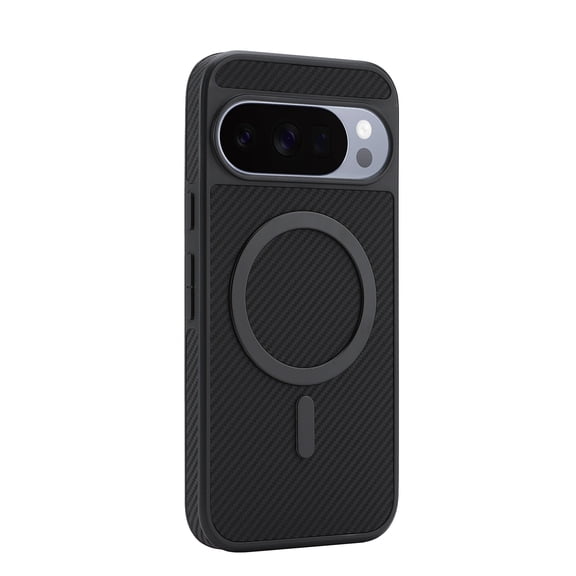 For Google Pixel 9 Pro XL Phone Case,Fiber Pattern PU Leather Back,Compatible with Mag-Safe,Shockproof & Anti-scratch,Ultra Slim Anti-fall Drop Protection,PC TPU Hybrid Durable Phone Case,Black