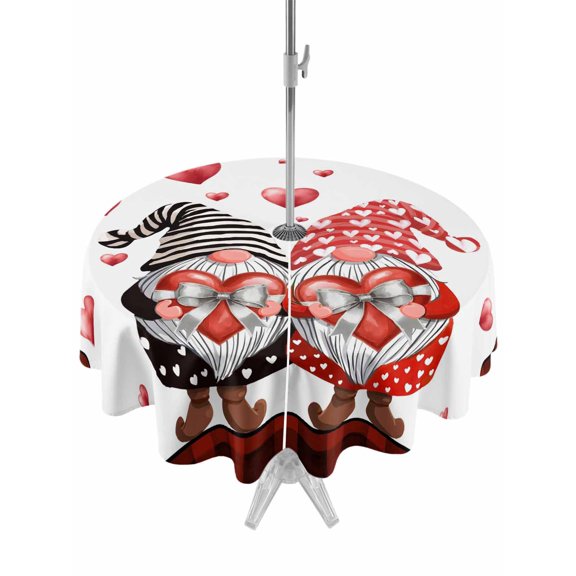 Outdoor Tablecloth with Umbrella Hole and Zipper, Red Valentine's Day Round Table Cloth 54 Inch Waterproof Tablecloth, Love Heart Gnomes Red Black Plaid Picnic Table Cover for Patio Camping
