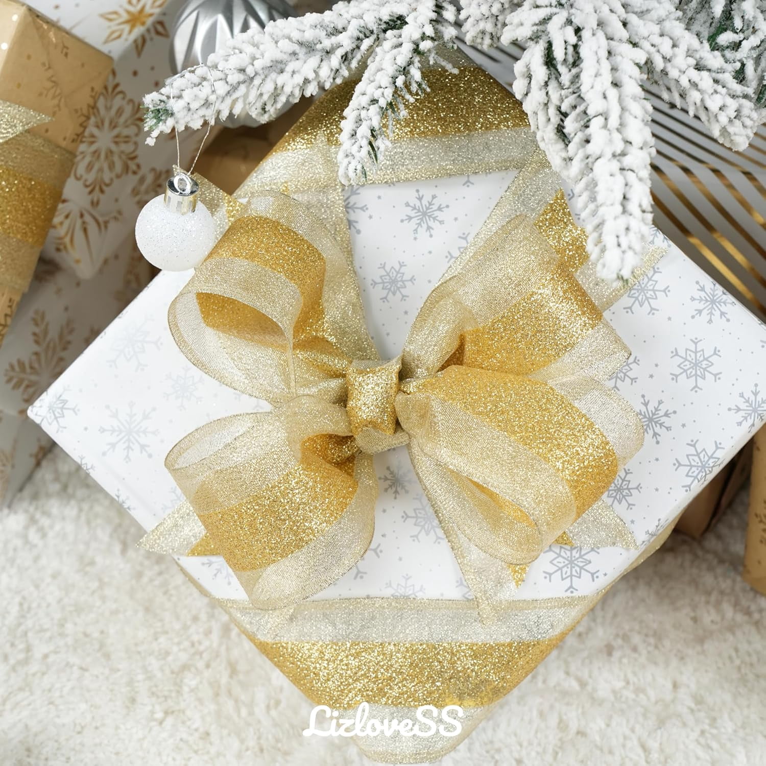Champagne Gold Wired Ribbon with Gold Center Stripe 2.5" X 10 Yards Metallic Christmas Ribbon Wired for Tree Decoration, Wreaths & Garlands, Crafts Projects, Home Decor
