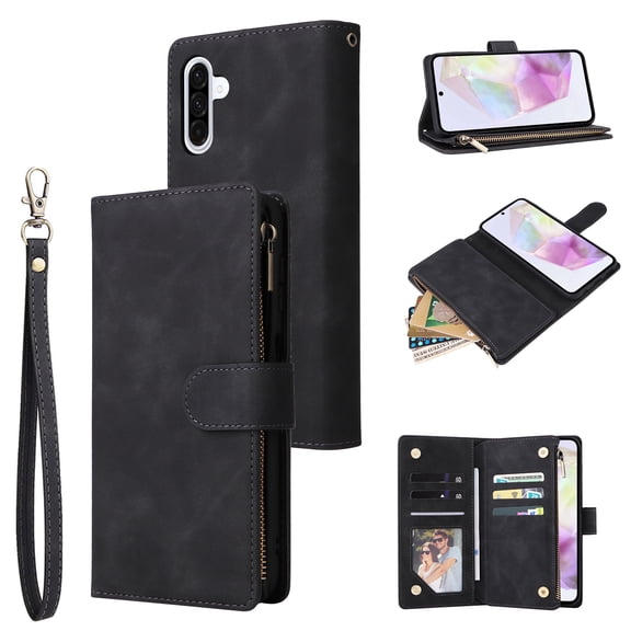 Phone Case for Samsung Galaxy A26 5G, Galaxy A26 5G Wallet Case with Zipper for Women and Men, PU Leather Magnetic Buckle Flip Kickstand Closure Wrist Strap Zipper Card Holder Phone Cases, Black
