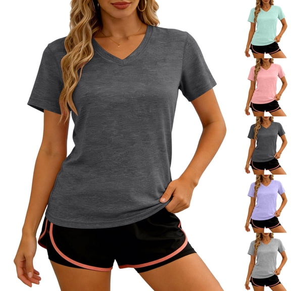 Mgmyaa Women's Quick-Dry Sports Top V-Neck Short Sleeve Solid Color Slim Fit Breathable for Summer Running and Gym