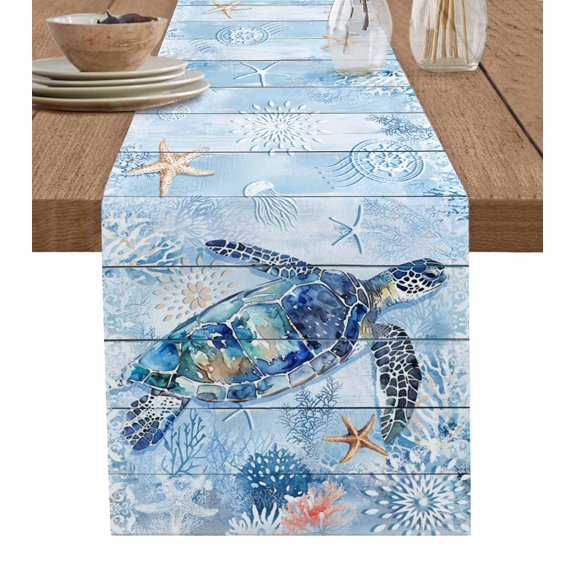 Coastal Turtle Table Runner 72 Inches, Blue Nautical Starfish Coral Jellyfish Bed Runner Dresser Scarves Tabletop for Indoor Outdoor Parties/Ceremony/Banquet, 14" x 72"