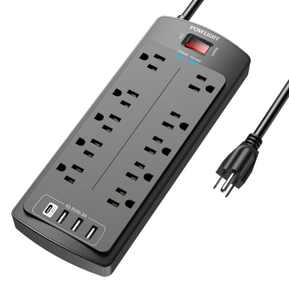 14-in-1 Surge Protector Power Strip - 10 AC Outlets and 4 USB Ports (1 USB-C), 6ft Heavy-Duty Extension Cord, Overload Protection for Home Office Use, Black
