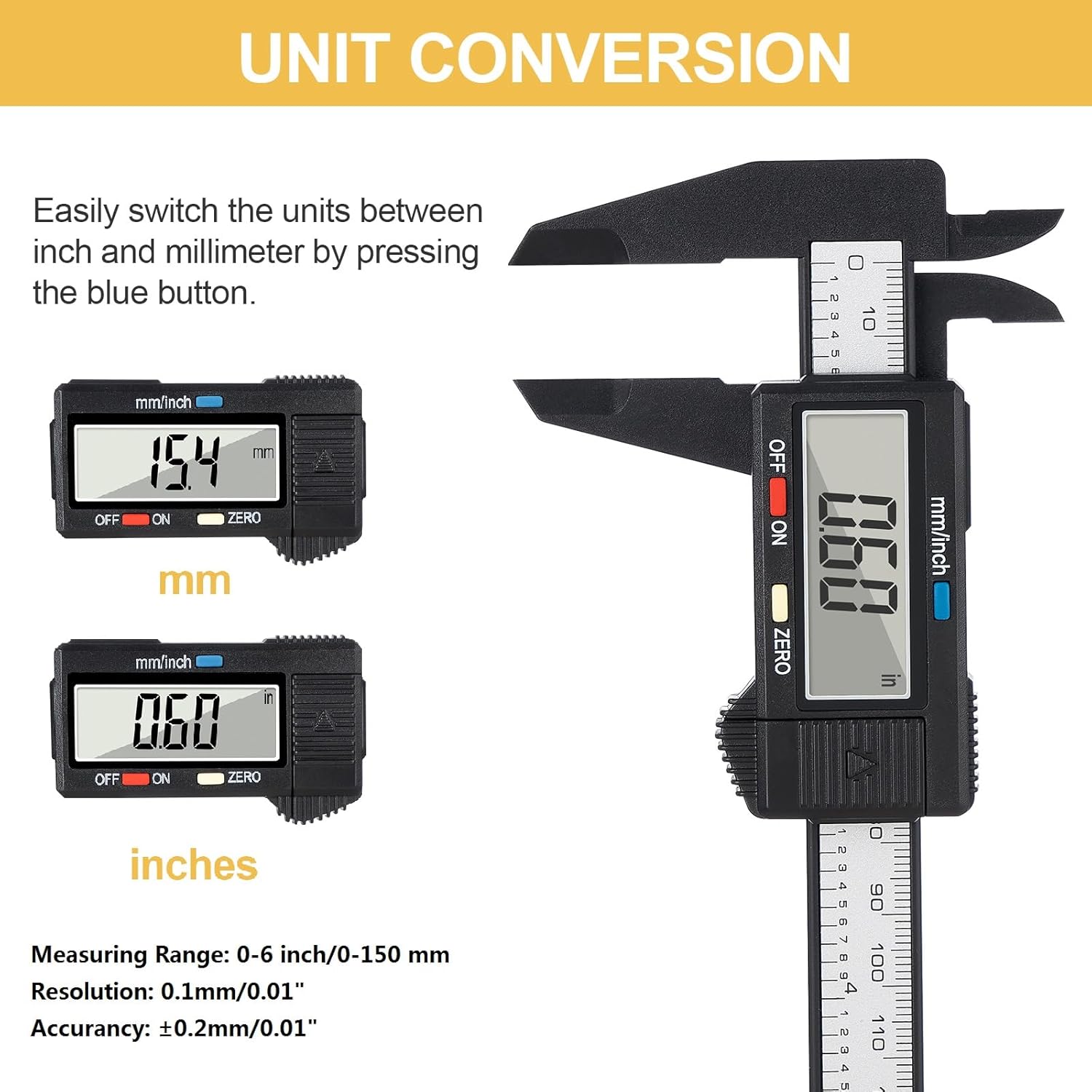 Digital Caliper, 0-6 inches Caliper with Large LCD Screen, Auto - Off Feature, Inch and Millimeter Conversion Measuring Tool, Perfect for Household/DIY/Jewelry Measurment