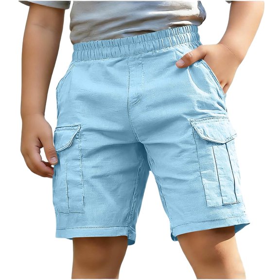 Dwellite Boys Cotton linen Cargo Shorts Teens Golf Casual Lightweight Elastic Waistband Comfy Long Short Pants with Pocket Sky Blue 160