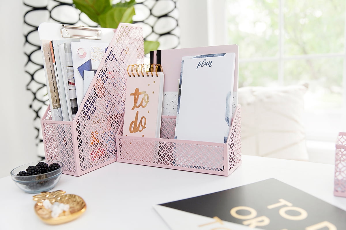 Blu Monaco Desk Organizer Set Lattice Metal 6-Compartment Desktop Organizer, Light Pink, 6 Count