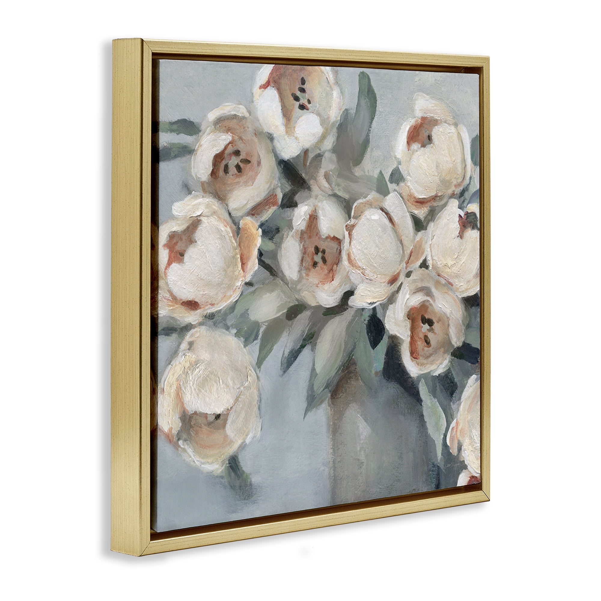 Stupell Industries Blooming Round Peonies Plants & Flowers Painting Gold Floater Framed Canvas Art Print Wall Art, 18 x 18