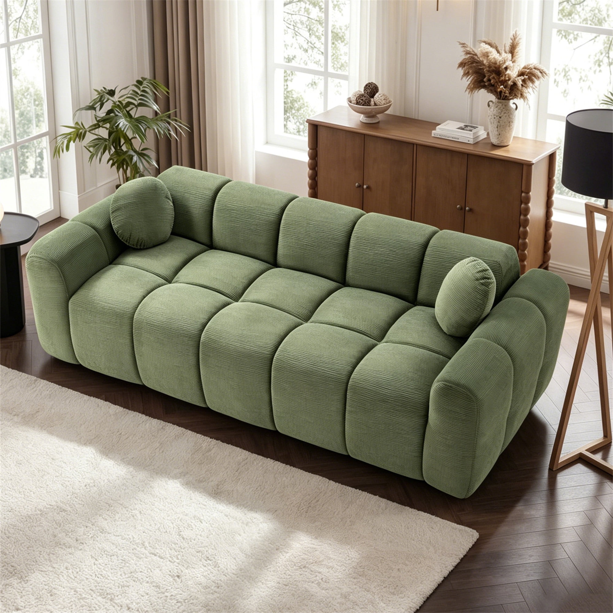 Aukfa 99" Oversized Cloud Sofa Boneless Couch 4-Seater Tufted Upholstered Sofa for Living Room, 2 Pillows, Corduroy, Green