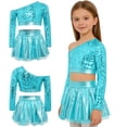 thumbnail image 7 of iiniim Girls Sparkly Latin Hip Hop Jazz Dance Outfit Long Sleeve Sequin Crop Top with Metallic Tutu Skirt Light Blue 12, 7 of 7