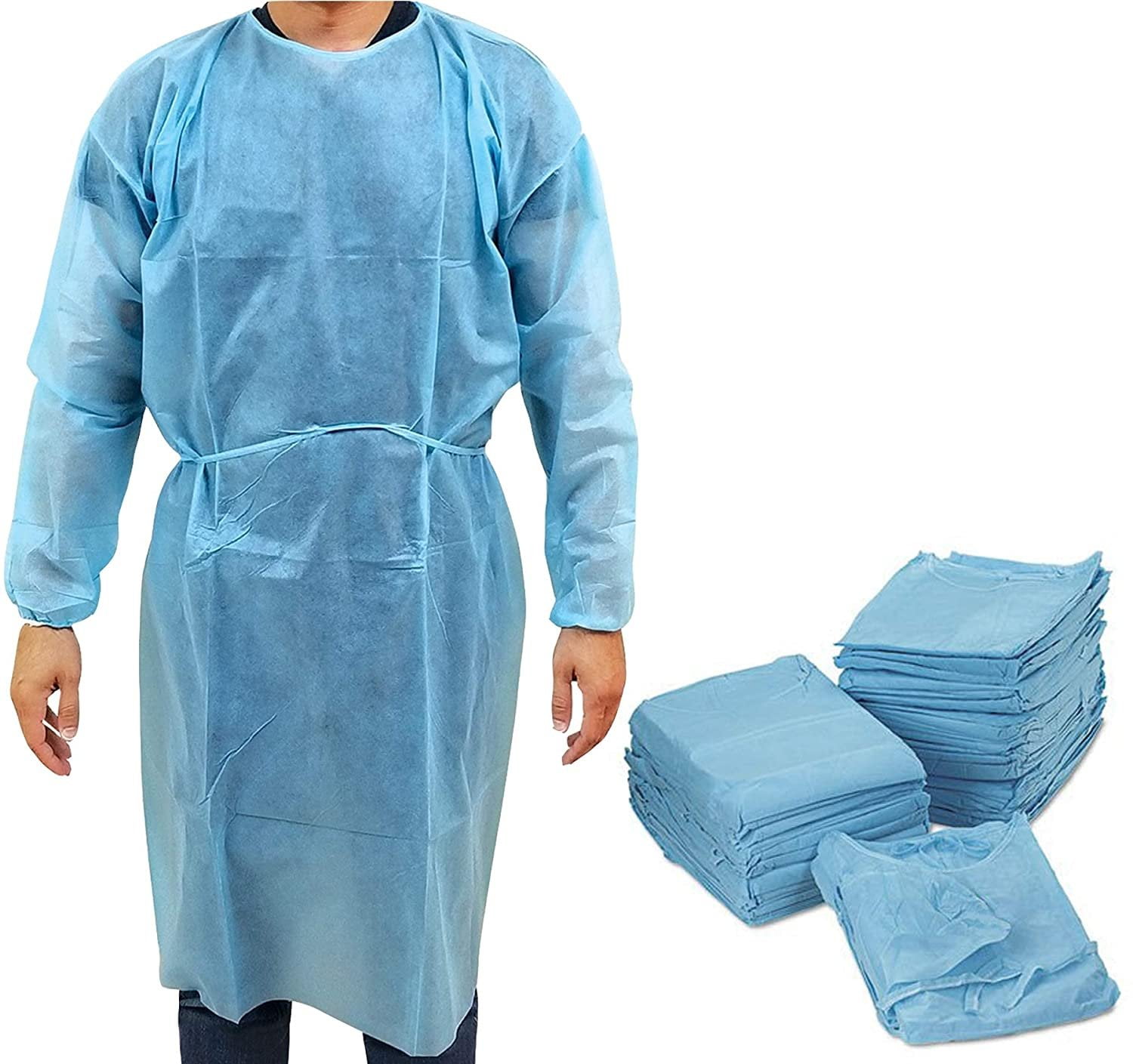 Disposable Gowns 45". Pack of 100 Blue Robes XLarge. 45 gsm