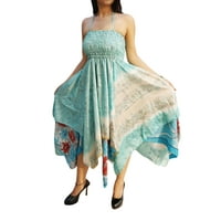 Mogul Womens Bohemian Sexy Halter Dress Handkerchief Hem Recycled Sari Summer Resort Fashion Sundress S/M