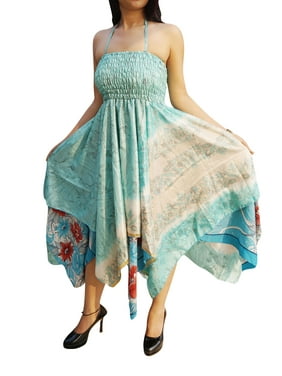Mogul Womens Bohemian Sexy Halter Dress Handkerchief Hem Recycled Sari Summer Resort Fashion Sundress S/M