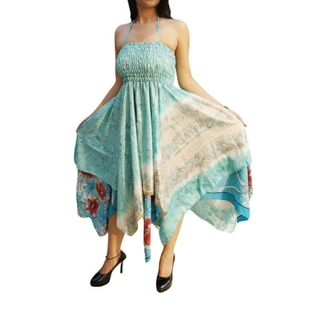 Woven Sari - Mogul Womens Bohemian Sexy Halter Dress Handkerchief Hem Recycled Sari Summer Resort Fashion Sundress S/M