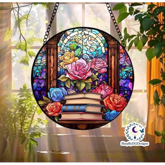 Stained Glass Book and Rose Suncatcher, Colorful Floral Window Decor, Handcrafted Gift for Book Lovers, Floral Enthusiasts, and Home Décor 4303507739
