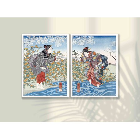 UNFFRAMED Kuniyoshi Japanese Woman Art Print Set, Woodblock Asian Decor Set 2 Prints 8x12