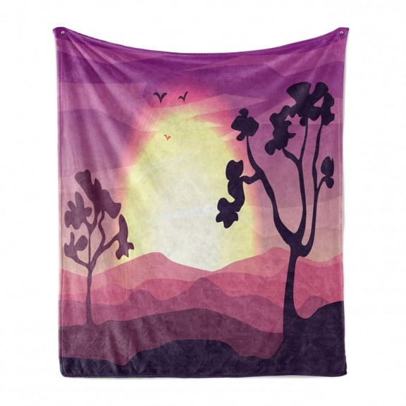 Nature Soft Flannel Fleece Throw Blanket, Abstract Gradient Landscape Tropical Trees Desert Print, Cozy Plush for Indoor and Outdoor Use, 50" x 60", Pale Fuchsia Eggplant, by Ambesonne