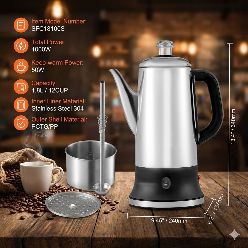 Classic Electric Percolator Coffee Maker, 12-Cup Capacity with Stay-Warm Feature - Stainless Steel, Fast Brewing & Easy-Pour Spout, Silver