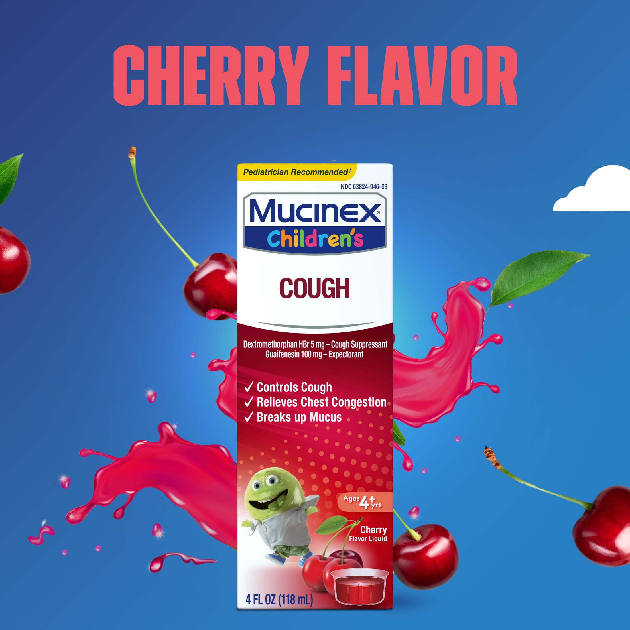 Mucinex Children's Cough Medicine, Liquid Cough Suppressant & Expectorant for Kids, Cherry Flavor, 4 fl oz