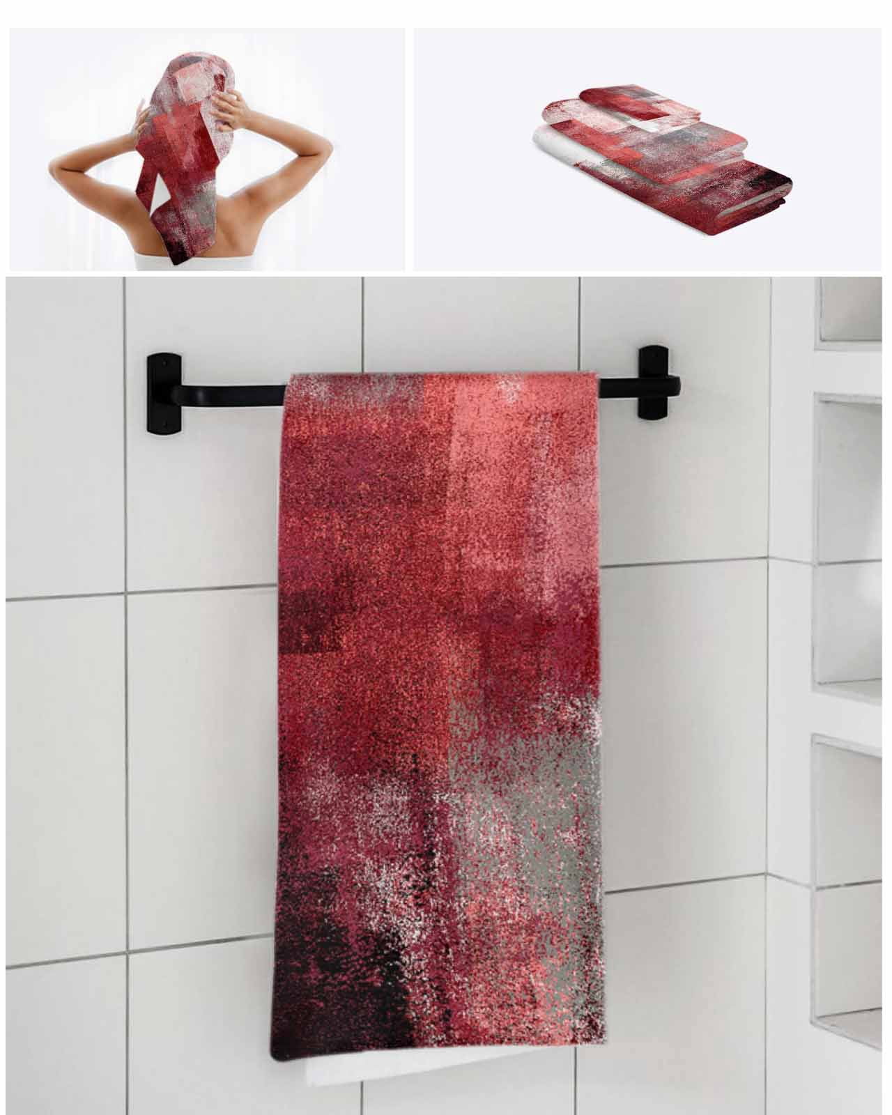 Red Grey Oil Painting Towel Set of 3, Soft Microfiber Bath Towels, Hand Towel, Washcloths, Abstract Modern Street Smear Art Quick-Dry Absorbent Towels for Bathroom Kitchen Hotel Beach Gym Spa