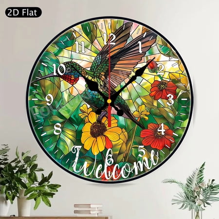 Garden Peony Cardinal Bird Welcome Round Wall Clock - Rustic Floral Silent Non-Ticking Decor