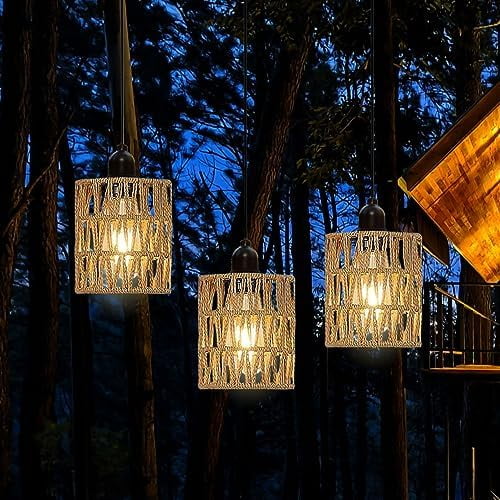 3 Pack Outdoor Chandelier Pendant Light, Battery Operated Boho Hanging Lamp, Handmade Rattan LED Lantern for Porch  Backyard Decor