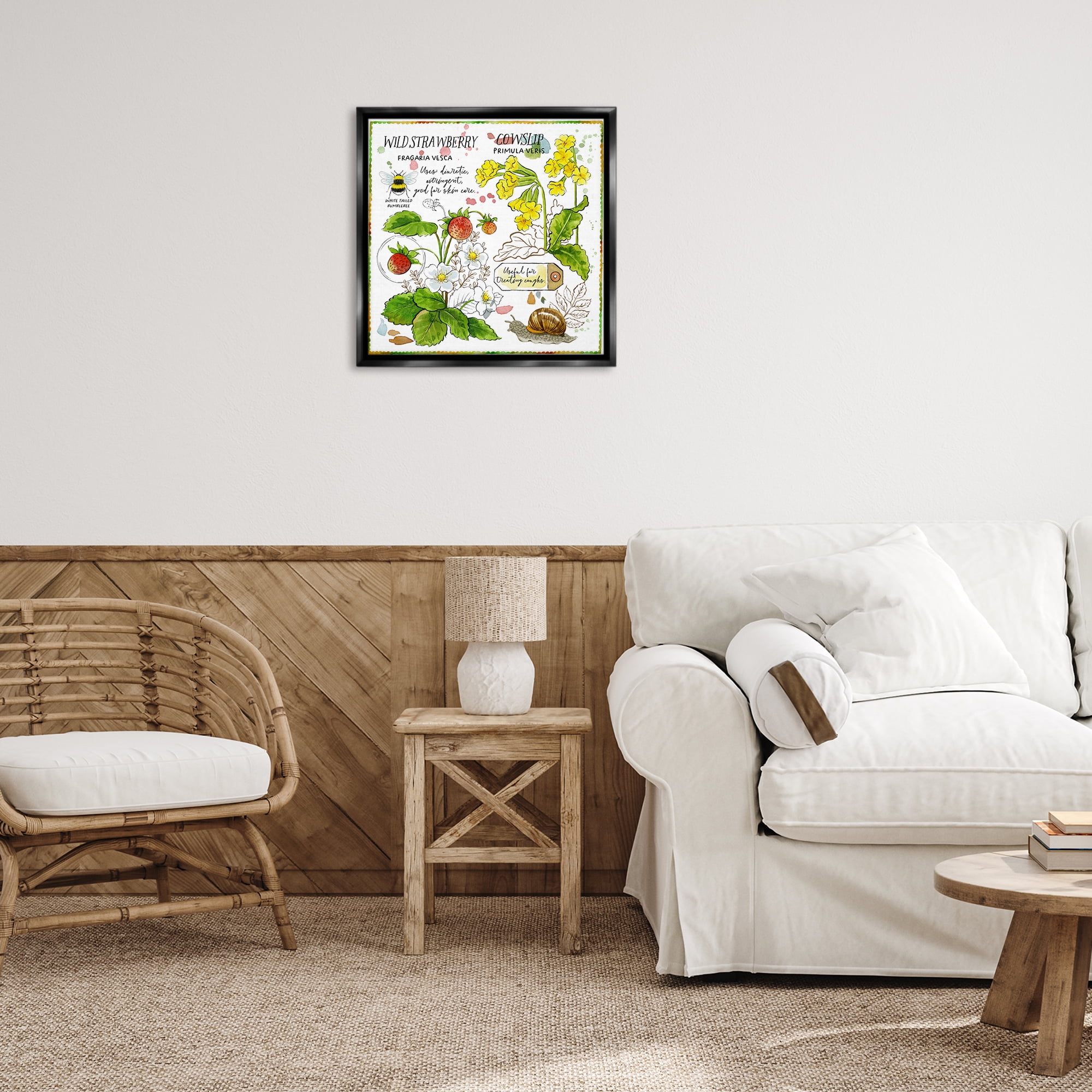 Stupell Industries Strawberry & Florals Uses Plants & Flowers Painting Black Floater Framed Canvas Art Print Wall Art, 25 x 25