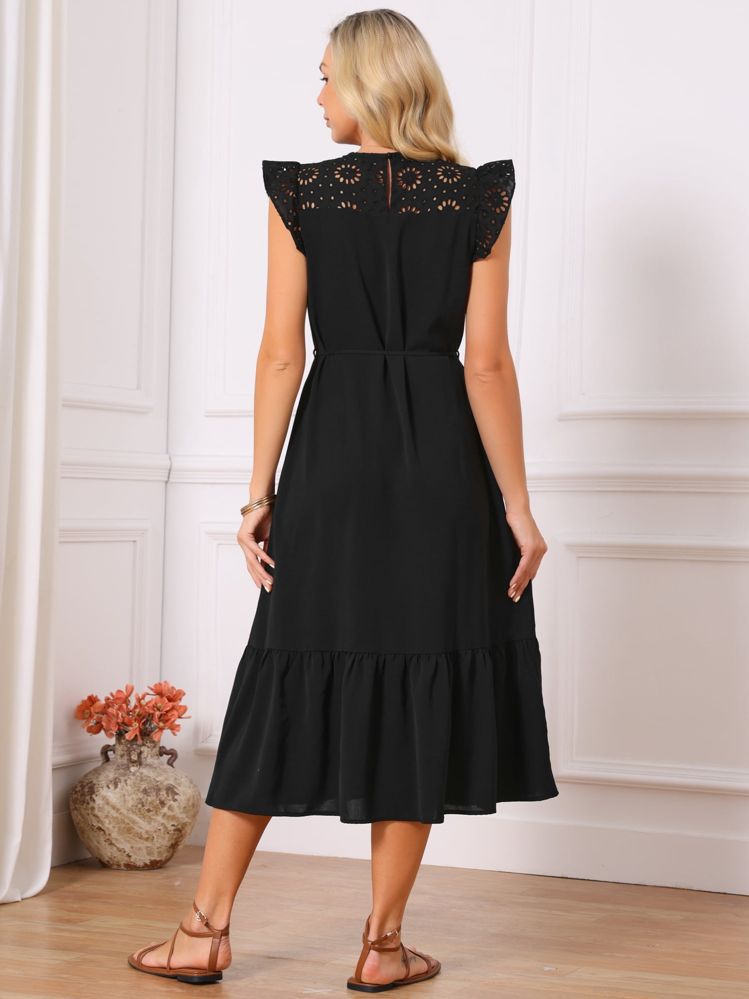 DARING DIVA Women's Eyelet Dress Flutter Sleeve Casual Sundress Flowy Midi S Black