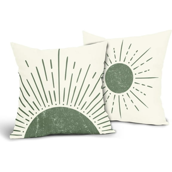 Green Boho Sunshine Throw Pillow Covers 20x20 Inch Pack of 2 Bohemian Abstract Sun Print Decorative Outdoor Pillow Covers Modern Pillowcase Square Linen Cushion Cover for Bedroom Sofa Couch Home Decor
