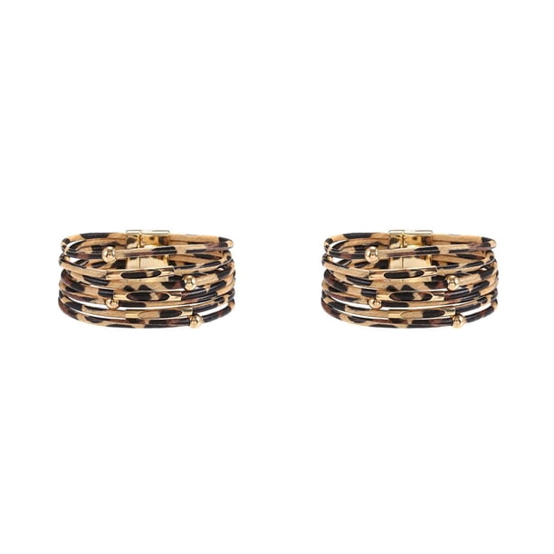 Pulseras Multi-capas Encanto de cuero sweethay con estampado de leopardo multicolor Beige 2piezas