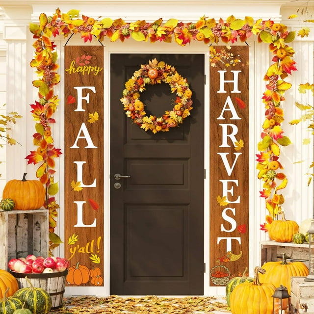 Bannière Suspendue de Récolte d'Automne, Panneau de Porche d'Automne Citrouille d'Automne Feuille d'Érable Toile de Fond Drapeau pour Maison Cour Intérieur Extérieur Mur Porte Décorations de Fête de l'Action de Grâce, 12 x 72 Pouces