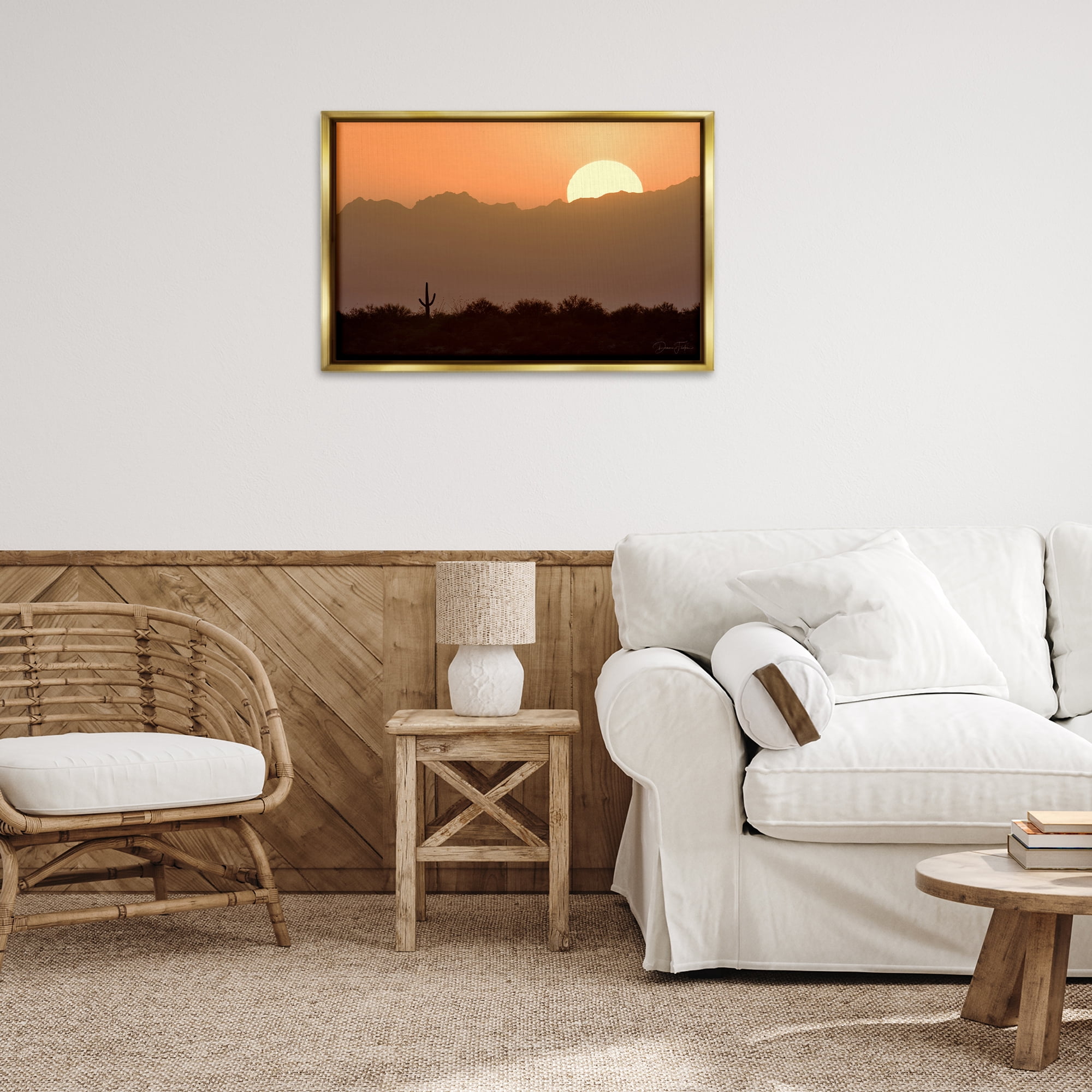 Stupell Industries Sunlit Desert Cactus Landscape & Nature Photography Gold Floater Framed Canvas Art Print Wall Art, 31 x 21