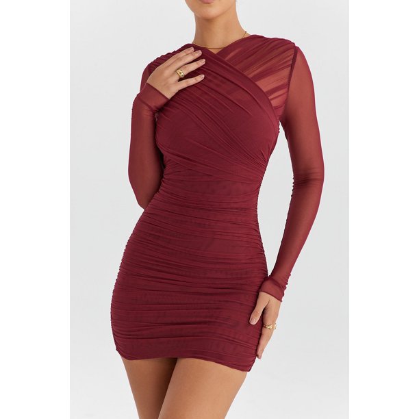 Minivestido ajustado de dos capas para mujer, traje Sexy de malla transparente con cremallera, manga larga, Espalda descubierta, para fiesta y Club nocturno