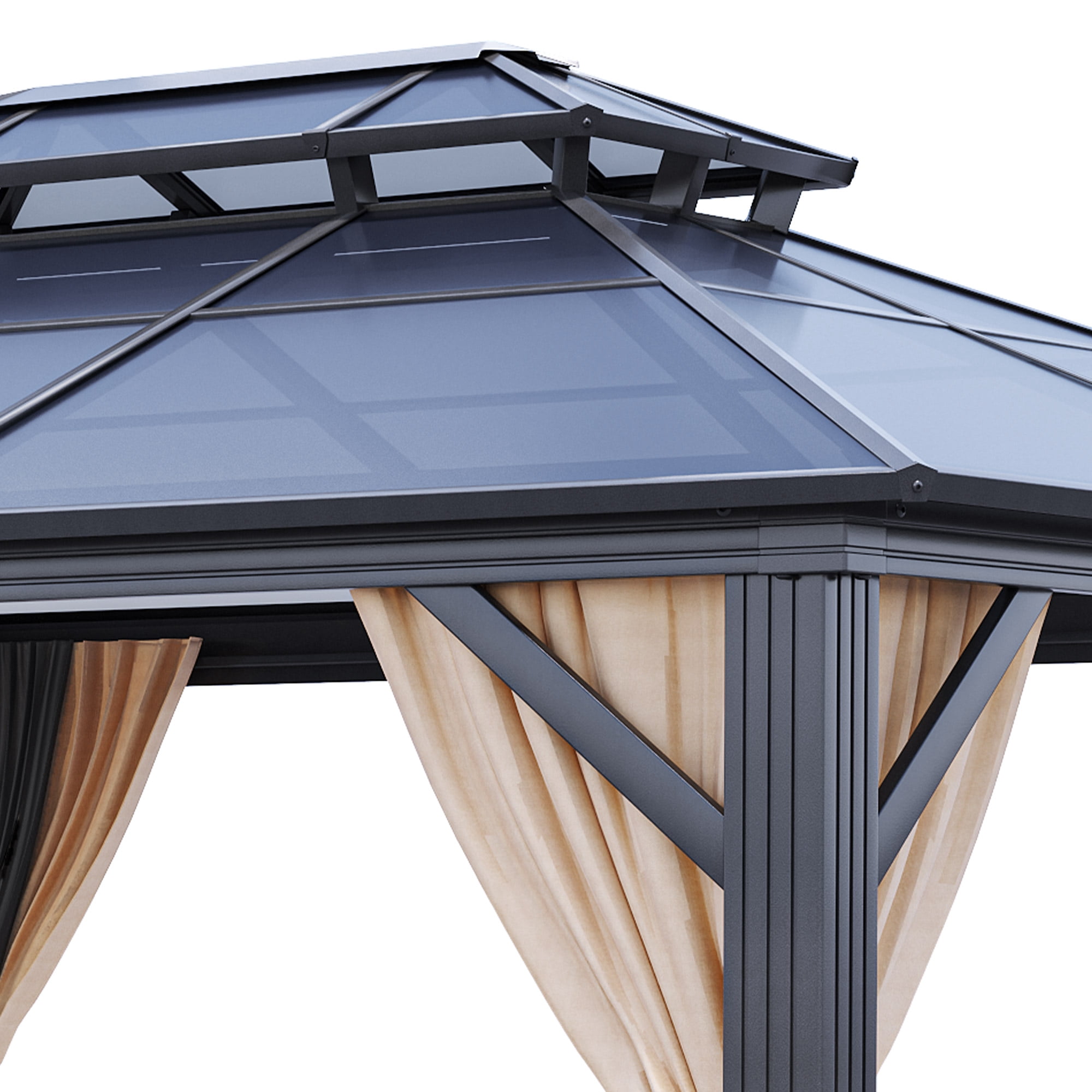 Dextrus 10x12ft Double Roof Hardtop Gazebo with Netting & Brown Curtains,Outdoor Aluminum Frame Polycarbonate Canopy,Garden Tent for Patio, Backyard, Black&Brown