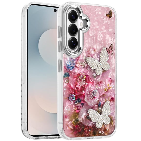 XPM for Samsung Galaxy S26 Phone Case, Epoxy Glitter Flowers Bling 3D Butterfly Fashion TPU Hybrid with Shockproof Protection Cover for Samsung s26 (Pink)
