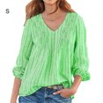 thumbnail image 2 of Chemise Femme Rayée Plissée Manches Longues Col en V Blouse Décontractée, Vert, S, 2 of 4