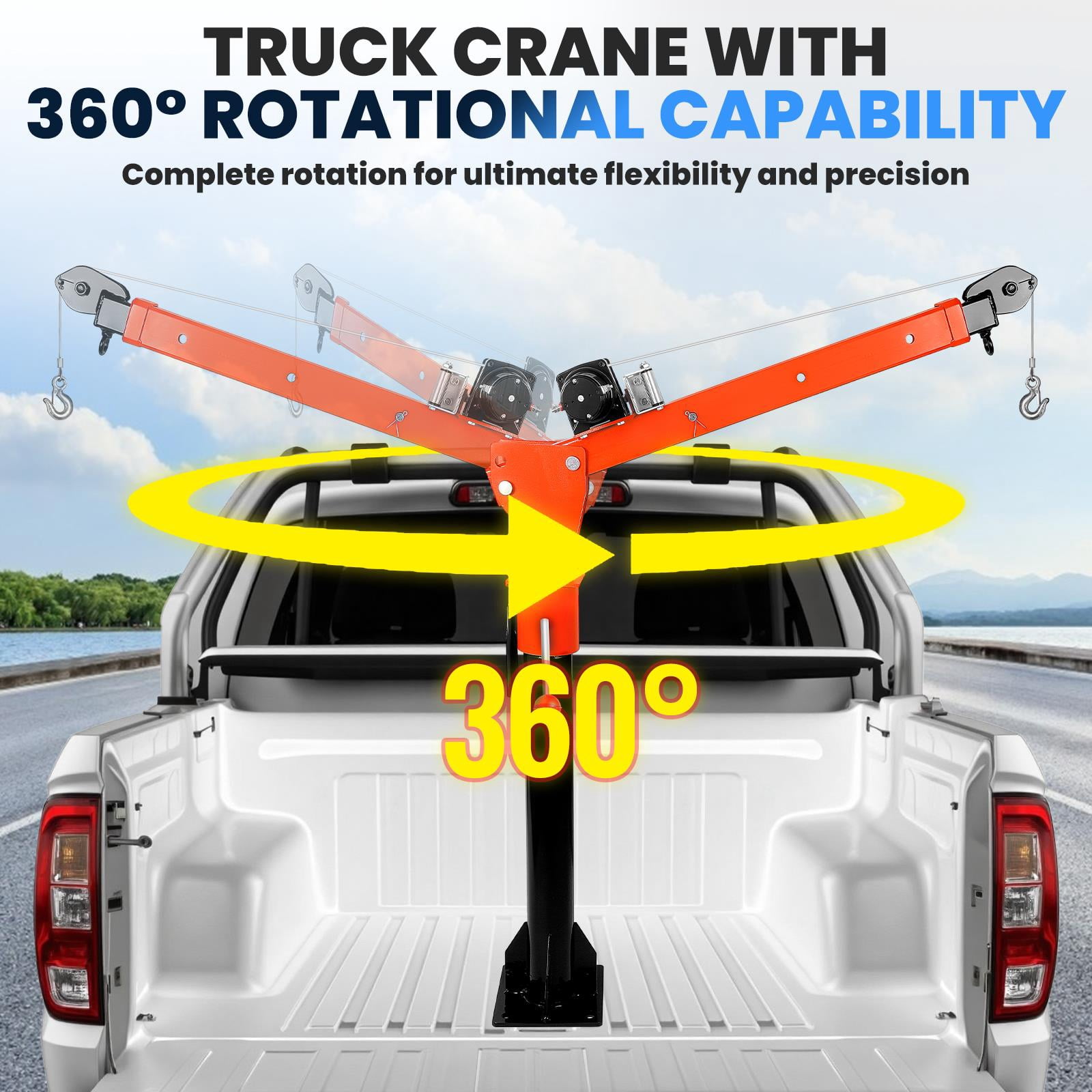 Tanfengu Truck Mounted Crane, 1100 LBS Capacity 12V DC Single Arm Lift Hoist w/ 3500 LBS Winch, 360° Rotation & Adjustable Arm for Pickup Truck Trailer Farm Garage