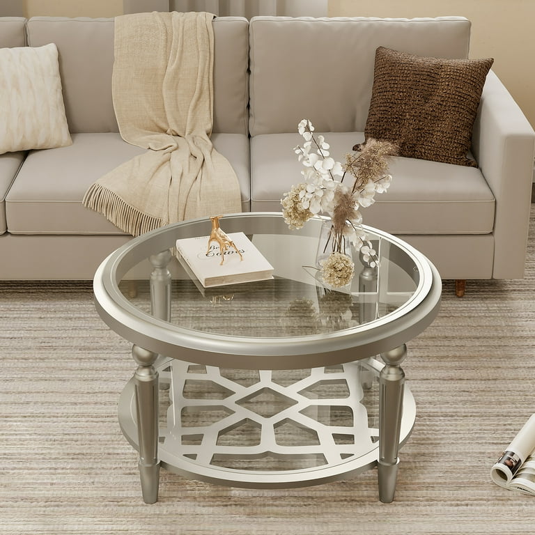 COSIEST Champagne Double Tempered Glass Round Coffee Table